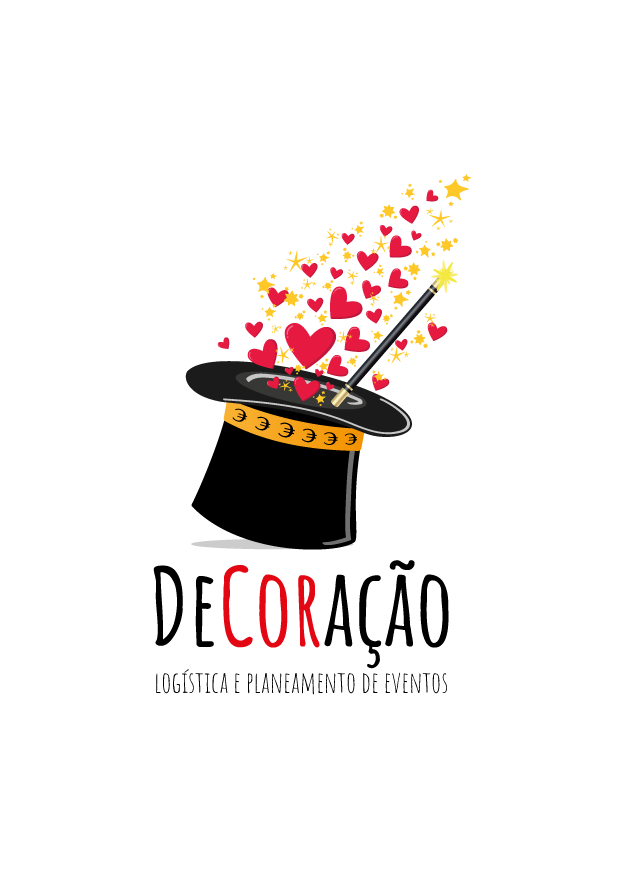 Logótipo DeCoração – chapéu de mágico com corações e estrelas, logística e planeamento de eventos